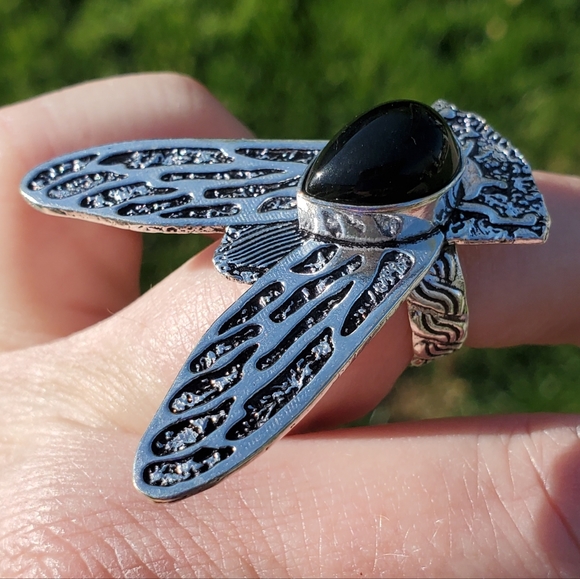 New Black Onyx Flying Insect Silver Ring. - Picture 6 of 15